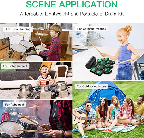 Electronic Drum Set Digital Roll-Up MIDI Drum Kit 9 Silicon Durm Pad Built-In Stereo Speaker with 2 Foot Pedal for Children Beginners - Uverbon