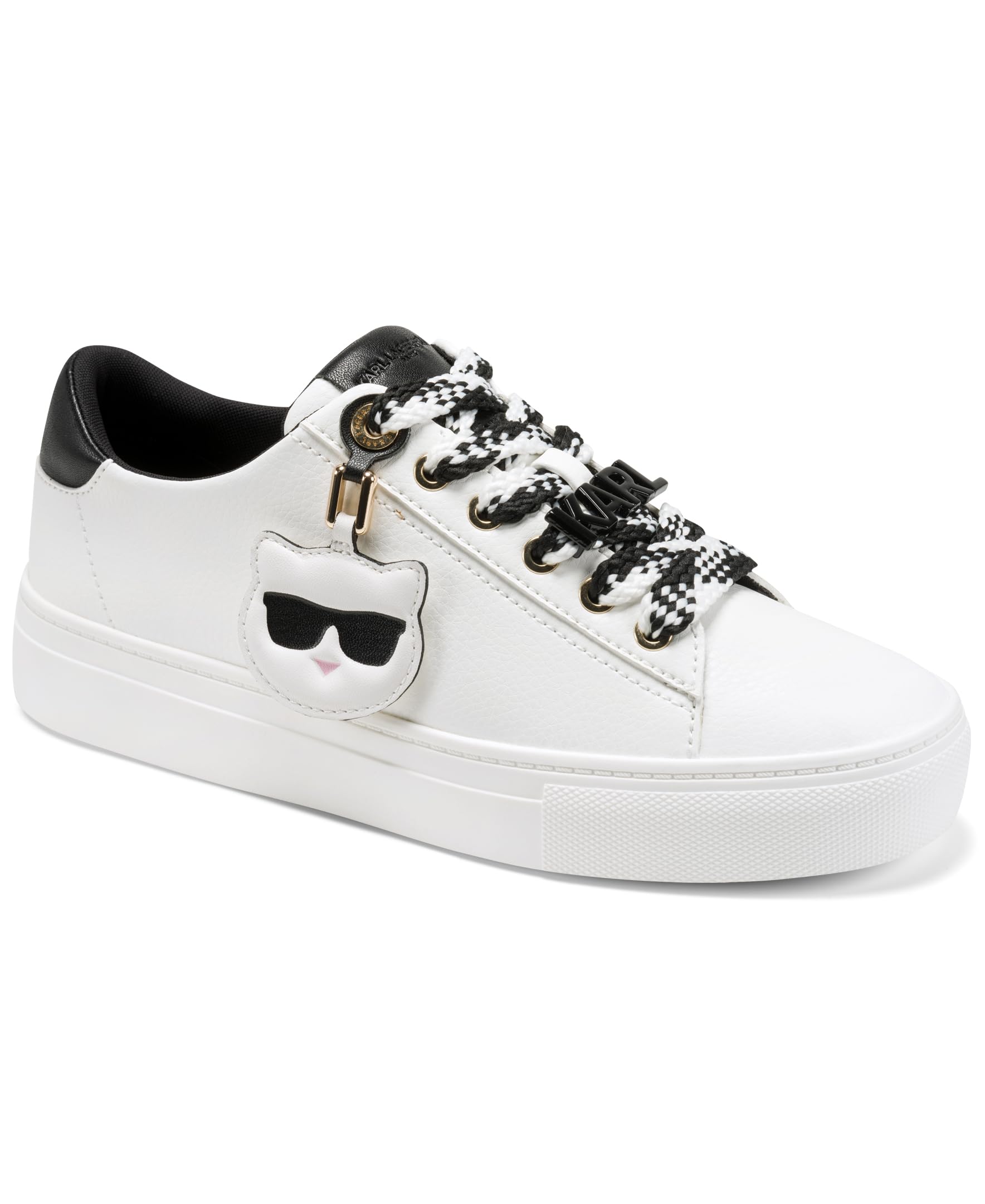 KARL LAGERFELD Paris Women’s Capree Lace up Sneaker with Choupette Charm, Bright White/Black, 6