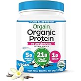 Orgain Organic Vegan Protein + 50 Superfoods Powder, Vanilla Bean - 21g Plant Based Protein, 8g Prebiotic Fiber, No Lactose Ingredients, Gluten Free, No Added Sugar, 1.12 lb (Packaging May Vary)