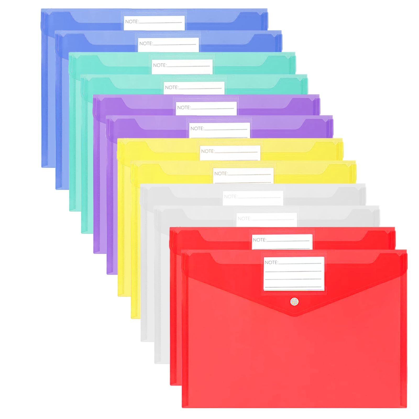 Plastic Wallets - 12 Pack A4 Folders Waterproof Plastic Wallets Document Folder Files Popper Wallets with Snap Button and Label for Home, Office, School and Travel