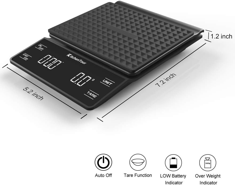 KitchenTour Coffee Scale with Timer 3kg/0.1g High Precision Pour Over Drip Espresso Scale with Back-Lit LCD Display (Batteries Included) - Image 3