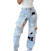 Tbahhir Women Distressed Jeans High Waist Wide Leg Patchwork Denim Pants Boyfriend Trendy Trouser with Pockets