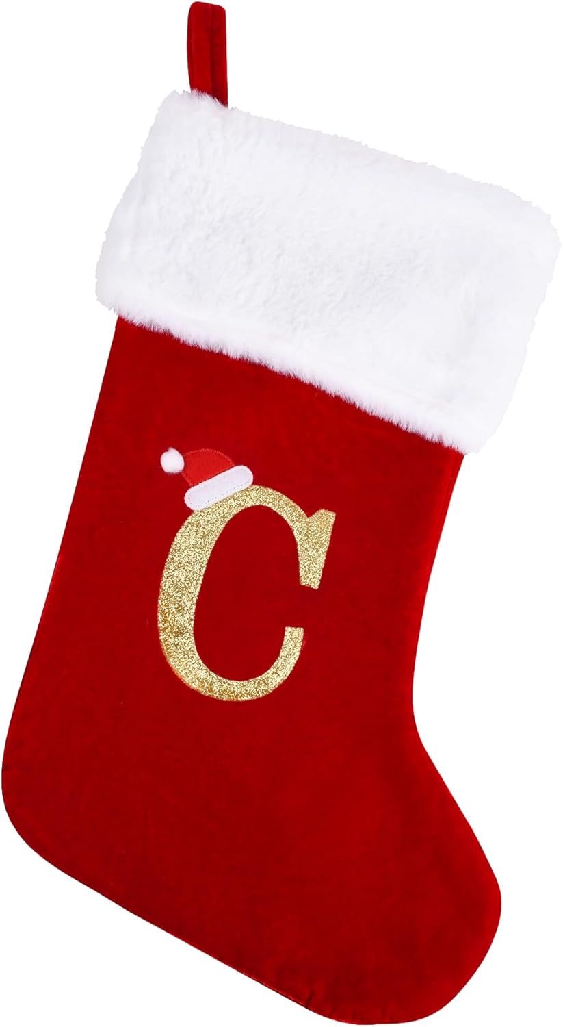 Stockings & Holders - 20 Inches Monogram Christmas Stockings with Letters, Large Super Soft Christmas Stockings Red Velvet with White Super Soft Plush Cuff for Christmas Xmas Tree Holiday Fireplace Family Decor Gifts (C)