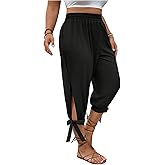 WDIRARA Women's Plus Size Elastic Waist Capris Pants Bow Knot Split Side Pants