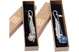Metal Feather Bookmark, 2Pcs Vintage Style Creative Beaded Bookmarks with Eternal Dry Flower Pendant, Christmas Thanksgiving 