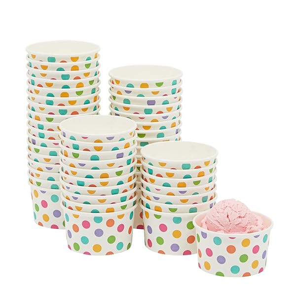 BLUE PANDA PAPER ICE CREAM CUPS – 50 COUNT, RAINBOW POLKA – DISPOSABLE FOR SUNDAES & SNACKS – ICE CREAM BOWLS – PARTY SNACK CUPS