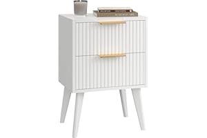 Fluted Nightstand with 2 Drawers,Modern Bedside Table with Metal Handles,White Side Table with Solid Wood Legs,Mid Century En
