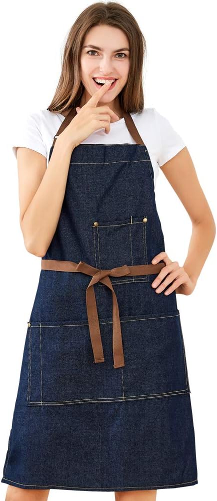 Meychin Blue Adjustable Denim Jean Kitchen Apron with 4 Pockets for Women Men Optimized Upgrade(Denim): Home & Kitchen