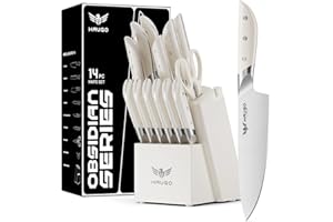 Knife Set - Haugo 14 PCS German Stainless Steel Kitchen Knife Sets with Block and Sharpener - Full Tang Knife Block Set and E