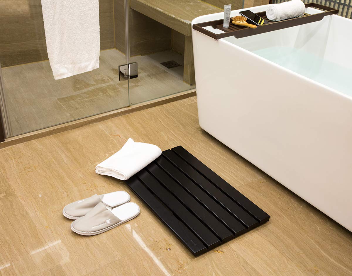 GOBAM Large Bamboo Bath and Shower Mat(26 x 15.8 inches), Non-Slip Bathroom Rugs for Indoor or Outdoor,Black