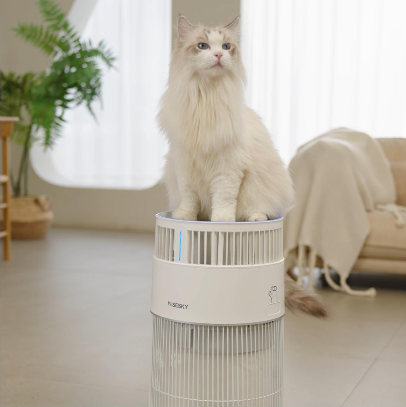 WiseSky Pet Air Purifier, 3-in-1 HEPA Filter for Cat Hair Dander Odor Dust, for Home Large Room, Up to 1644 ft², Smart App Control, 360° Air Intake, W-Cat, White