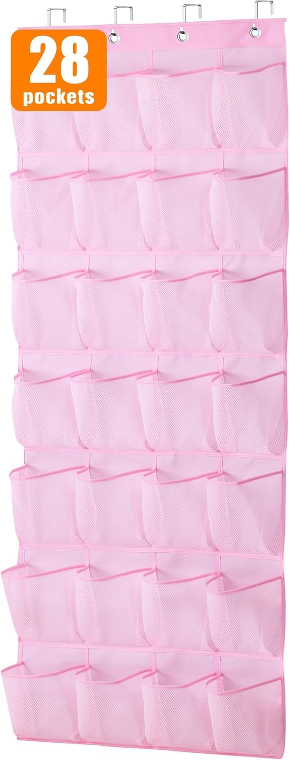 MISSLO Kids Over Door Shoe Organizer Hanging Shoe Rack Baby Toddler Shoe Storage Organiser Cute Shoes Holder Girl Room Decor 28 Pockets, Pink