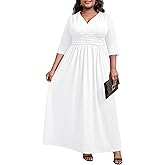 Runwind Plus Size Maxi Dress for Curvy Women - Casual Long 3/4 Sleeve Wedding Guest Dress with Pockets