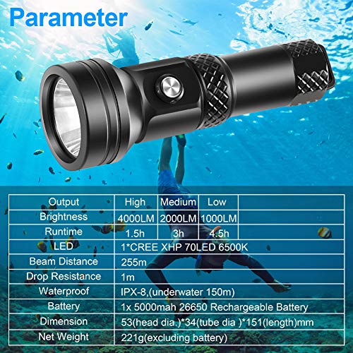 VOLADOR Scuba Diving Flashlight, 4000 Lumen Underwater Dive Light with Power Indication, CREE XHP 70 LED IPX-8 Waterproof Night Dive Torch, Rechargeable 26650 Battery, Charger, Lanyard