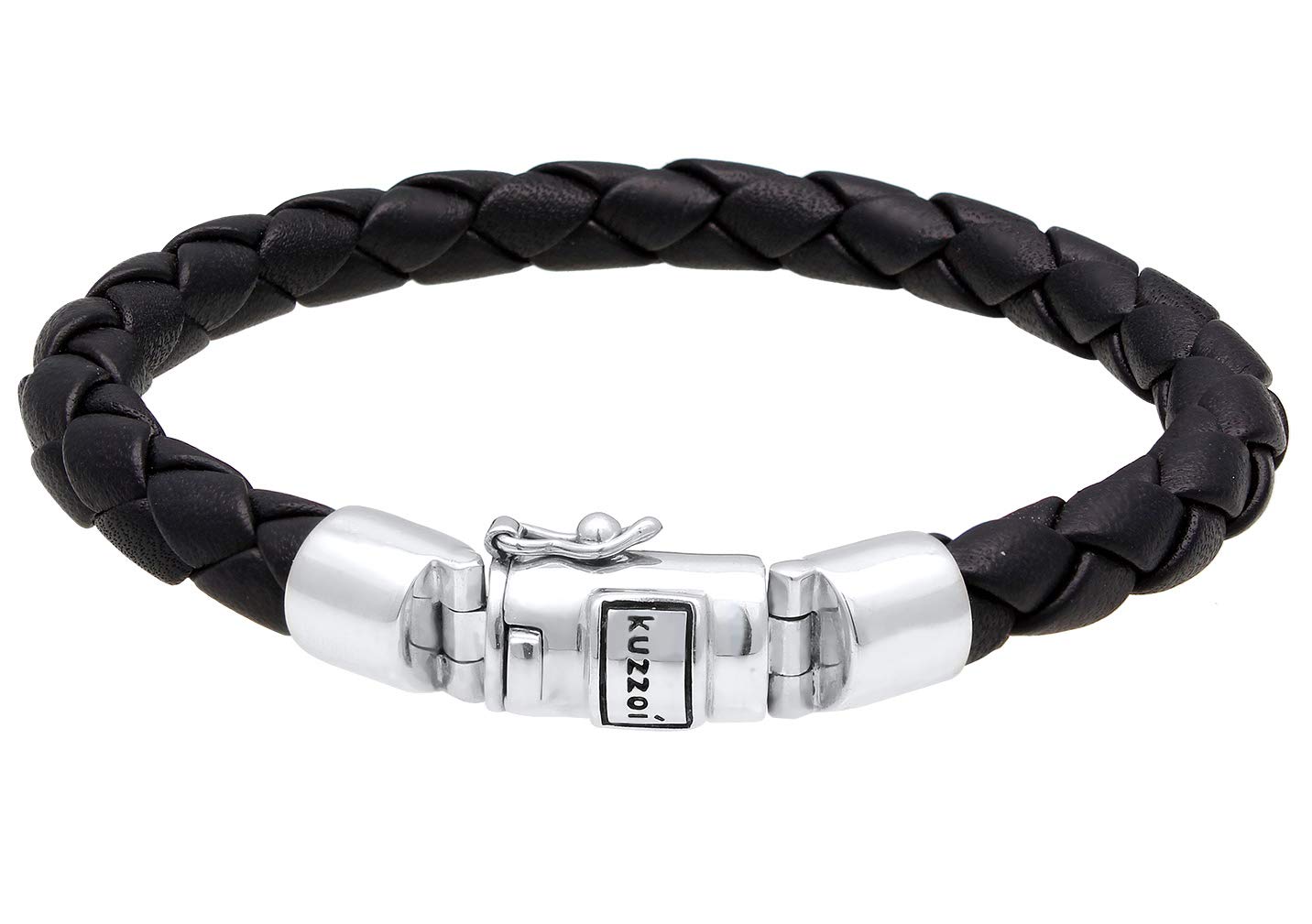 KUZZOI men's leather bracelet / men's bracelet in black with 925 sterling silver, solid 925 sterling silver clasp - 235043, Sterling Silver, Without Stone,
