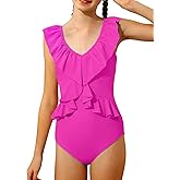 ZEMOQ Girl Swimsuit One Piece Ruffle Bathing Suit for Girls Solid Color Adjustable Straps Pad Swimwear 11-16y