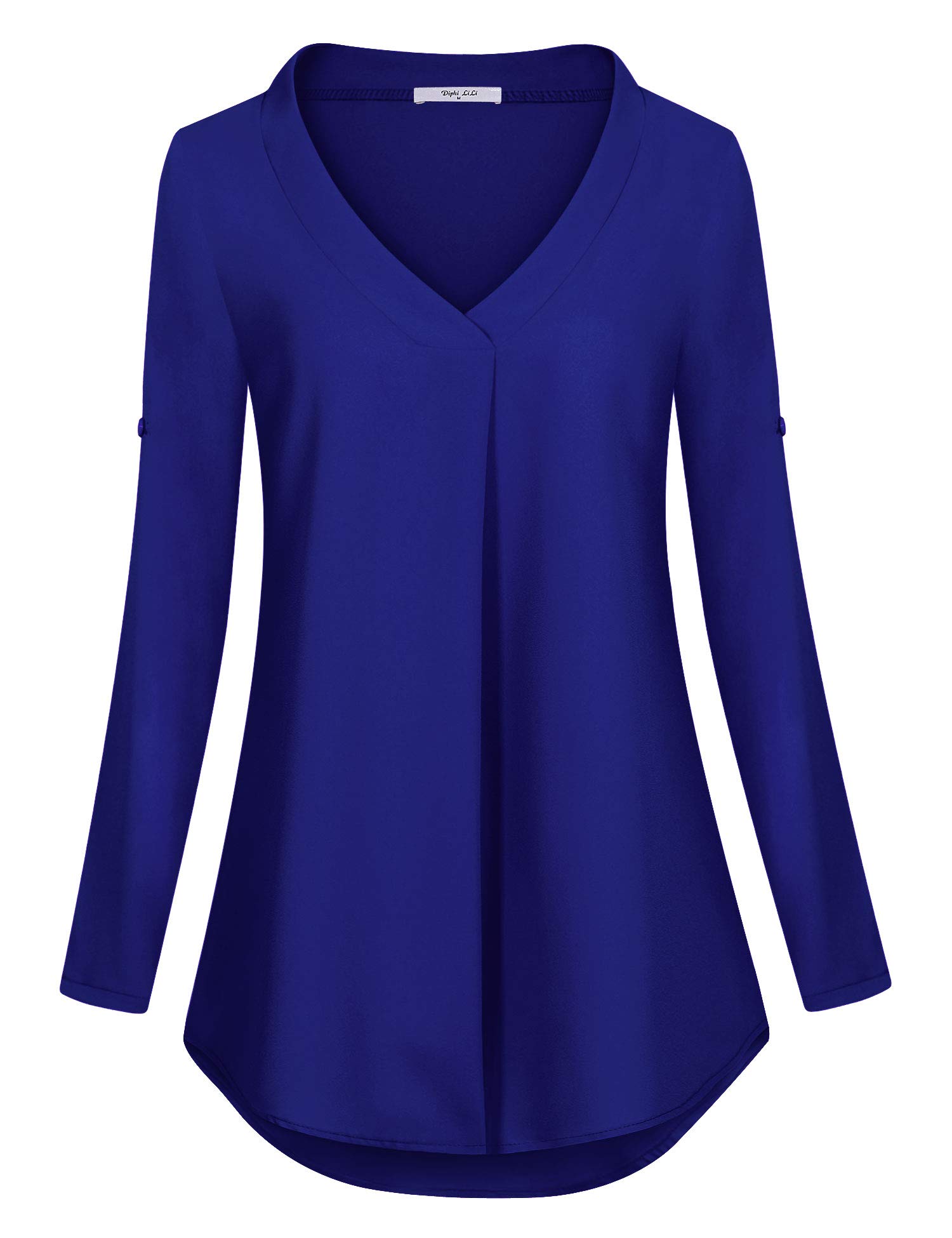 Diphi LiLi Women\'s Casual Chiffon V Neck 3/4 Roll-up Sleeve Blouses Shirts Tops