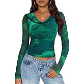 ZESICA Womens Floral Mesh Long Sleeve Tops 2026 Fall Cowl Neck Slim Fit Going Out Y2k Shirts Trendy Date Night Outfits