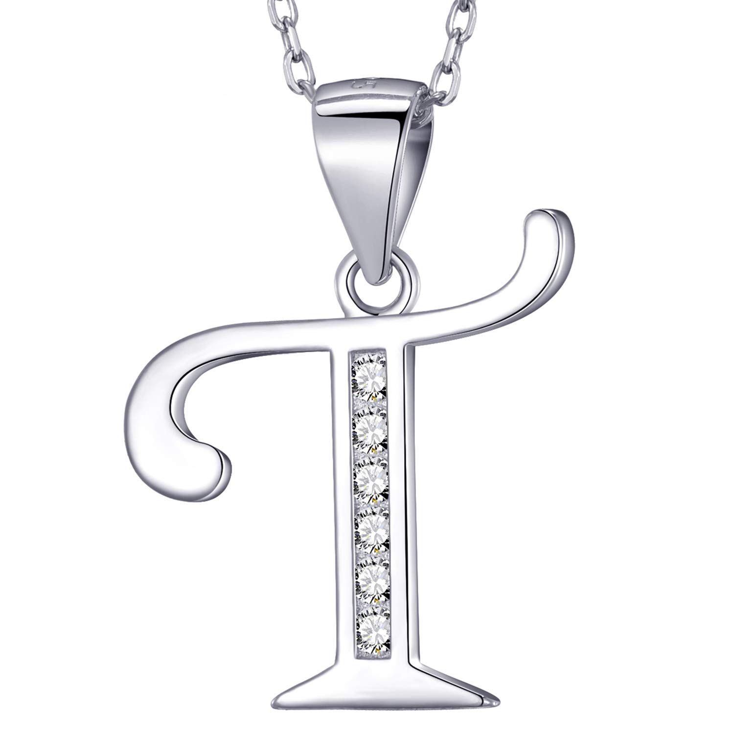 MASADA 925 Sterling Silver Letter Necklace - Initial Pendant with Zircon Stones - Letter T - Personalised Alphabet, Teens & Girls - 46 cm - 18 inch Chain in Velvet Bag