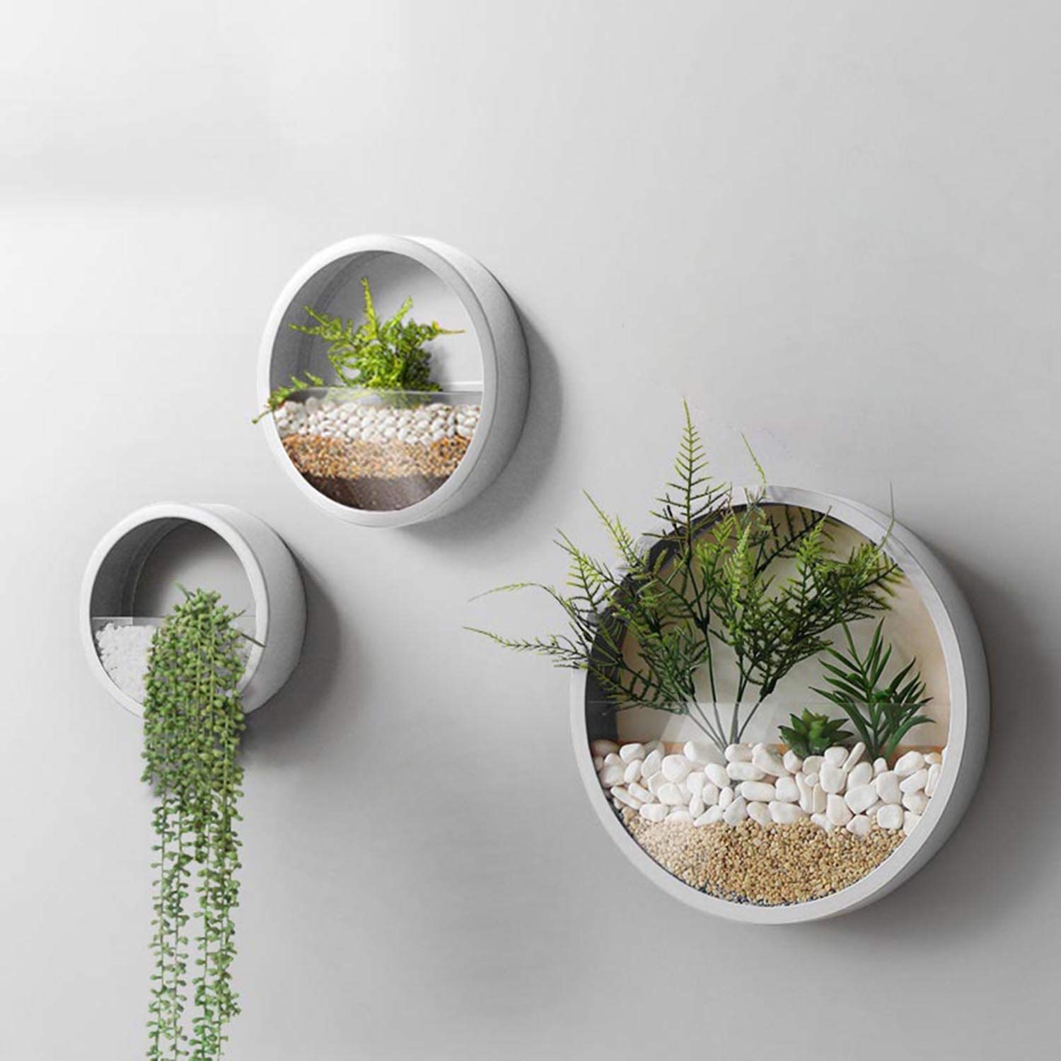 Photo 1 of VEVLU 3 Pack Set Wall Planters,Modern Round Glass Wall Planter Succulent Planter Circle Iron Hanging Planter Vase for Herb,Small Cactus Perfect for Balcony, Room and Patio Decor (White)