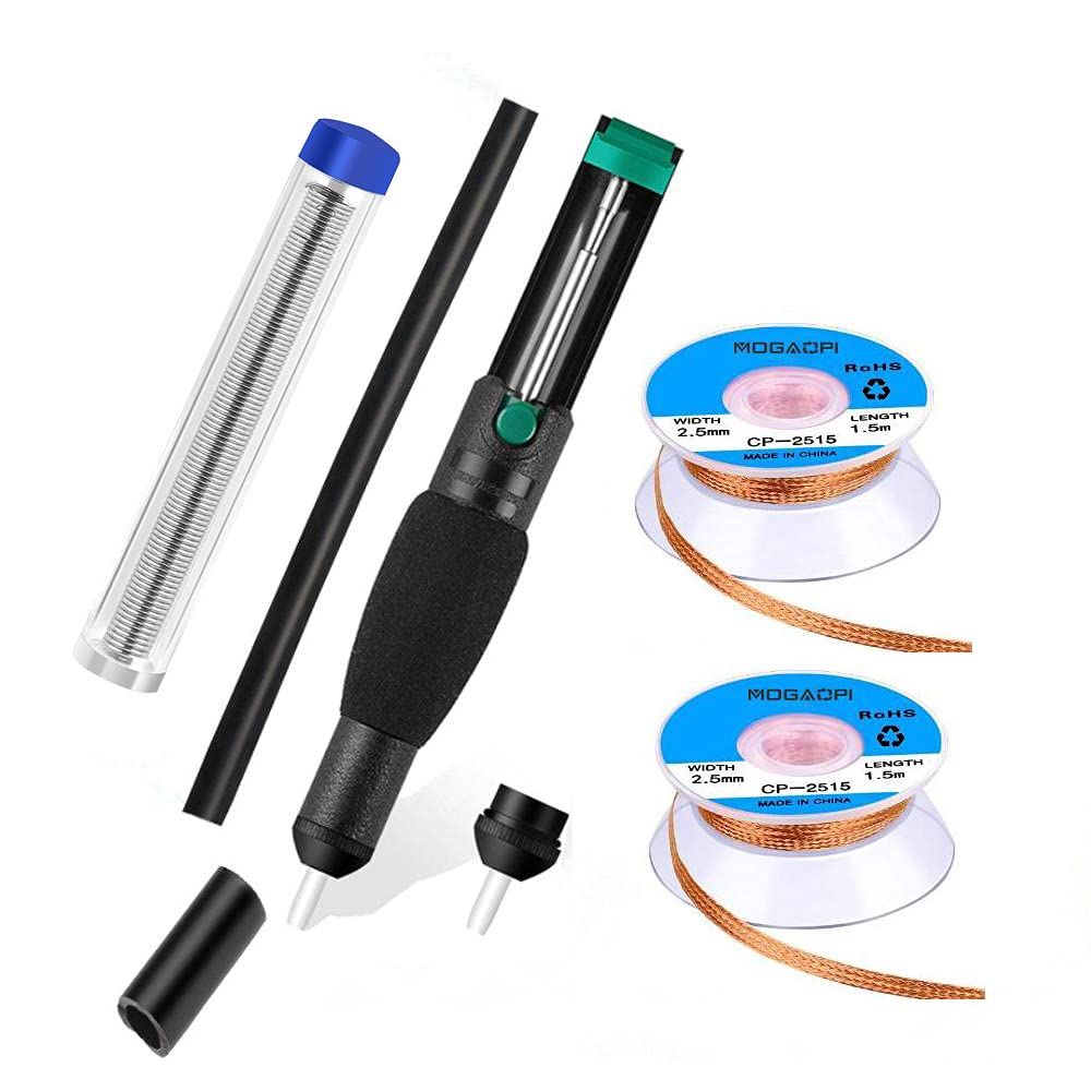 MOGAOPI Desoldering Wick, Desoldering Pump, Solder Sucker, Solder Wick, 2pcs Solder Braid (2.5mm Width, 1.5m Length) Solder Wire, Replacement Tip, Desoldering Vacuum Pump Solder Removal Tool