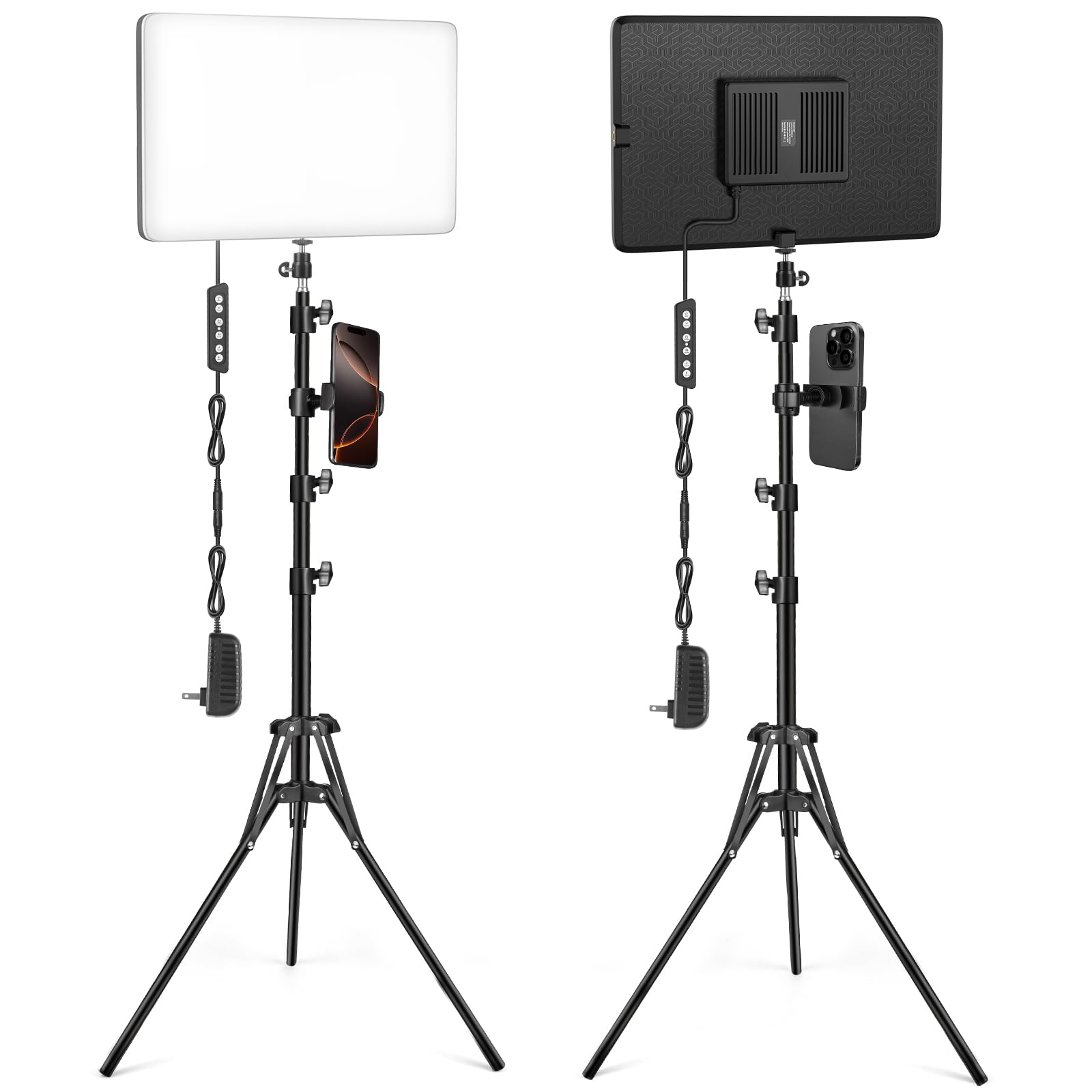 Photo 1 of 2-Pack LED Video Light Kit with 63'' Tripod Stand, 2500K-8500K Dimmable Studio Light Photography Panel Lighting for Video Recording Game Live Streaming Podcast YouTube Filming, Phone Holder