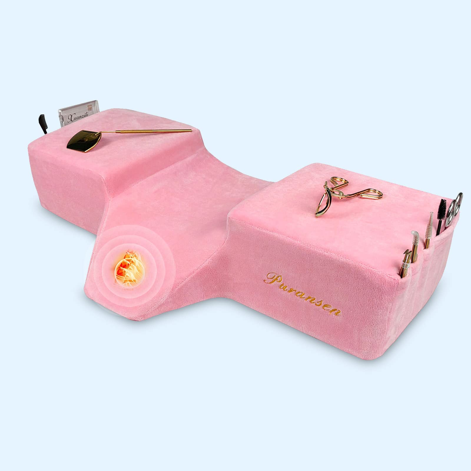 Photo 1 of Puransen Lash Bed Pillow with Neck & Back Support - Curved Memory Foam Beauty Pillow for Eyelash Extensions & Salon Services, Two Pockets for Tools on The Sides of Removable Velvet Pillowcase (Pink)