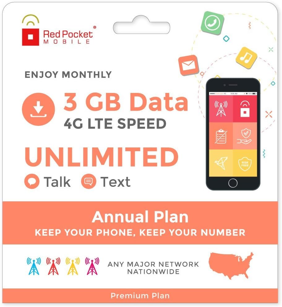 21.25/Mo Red Pocket Prepaid Wireless Phone Plan+SIM; Unlmtd Talk & Text 3GB