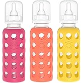 Lifefactory Glass Baby Bottle BPA Free | Protective Silicone Sleeve | 9 oz Pack of 3 | Raspberry, Papaya, Mango