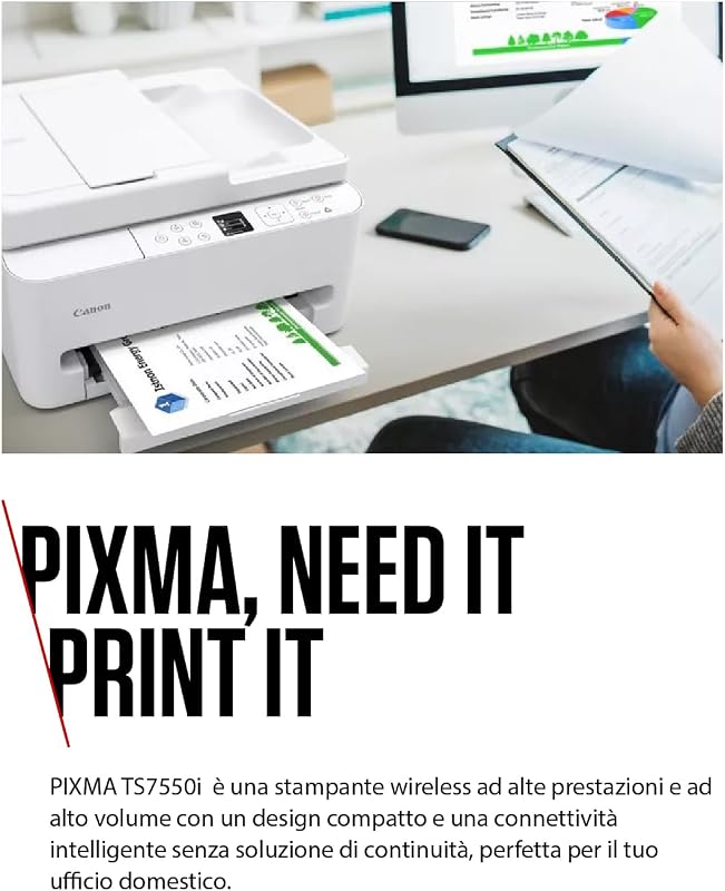 PIXMA TS7550I - Stampante Multifunzione con Connettività Wi-Fi, Alimentatore Automatico da 35 fogli PIXMA Print Plan - Include Carta Fotografica A4 MP-101, 5 Fogli