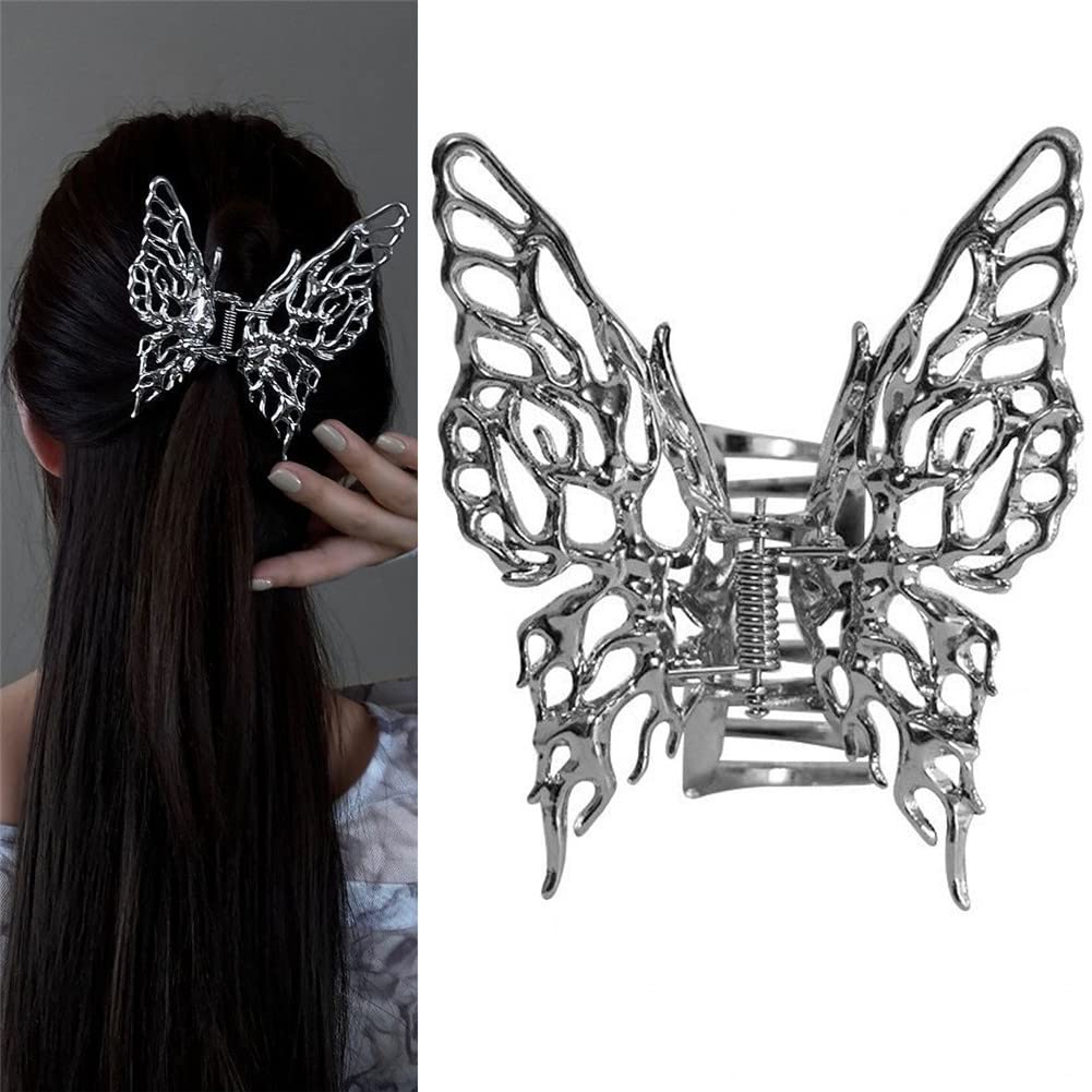VNEWSCHI Butterfly Hair Claw Clips, Silver, Large Metal, Strong Hold, Nonslip, for Thick and Thin Hair, Women and Girls, 1 Count (Pack of 1)