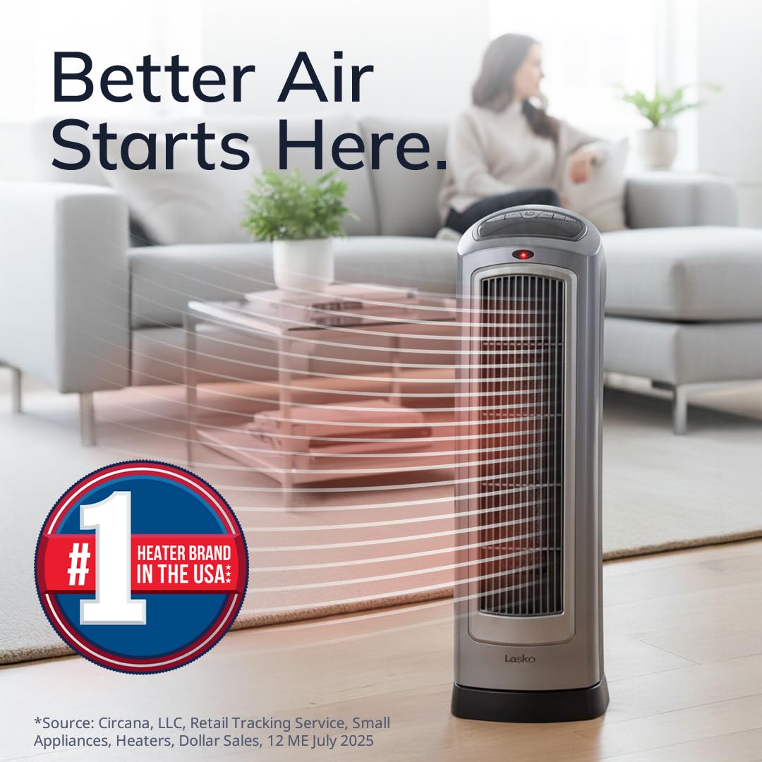 Lasko Oscillating Digital Ceramic Tower Heater for Home with Adjustable Thermostat, Timer and Remote Control, 23 Inches, 1500W, Silver, 755320