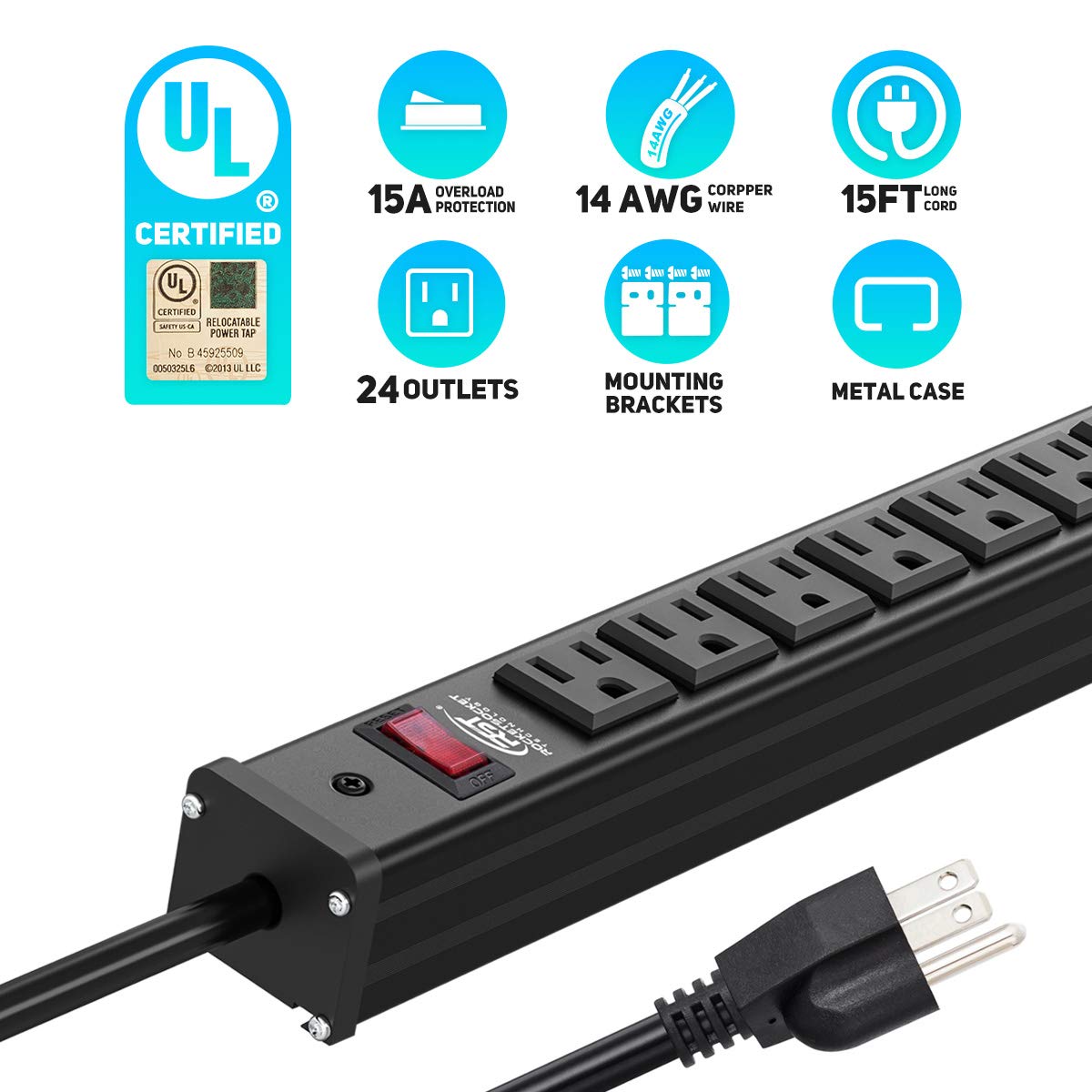 CRST Heavy Duty Power Strip with Long Cord 15 Feet Metal Extension 24