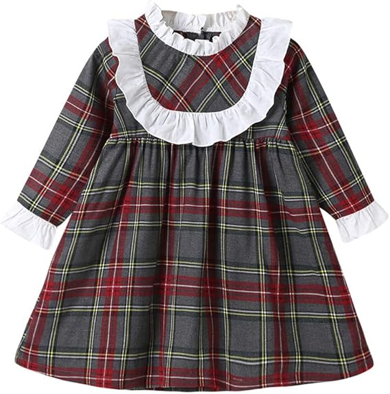 Amazon Littlespring チェック ワンピース キッズ 長袖 レース襟 フレア レトロ ドレス 子供 女の子 春秋 ワンピース チュニック 通販