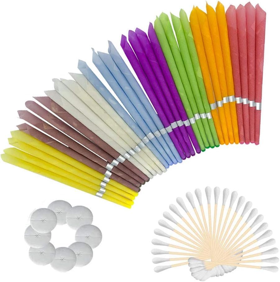 Natural Ear Candles Beeswax Candling Cones, Fragrance Organic Plant Material Hollow Cone Candles 16 Pcs (8 Colours), Hollow Cone Candles with 8 Protective Disks