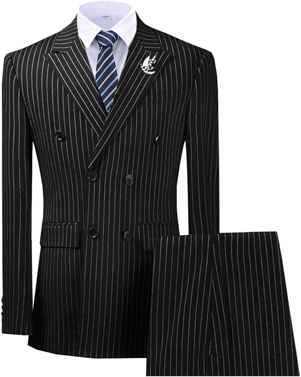 LoveeToo Mens Suit 3 Piece Black Wedding Black Pinstripe Men Suit