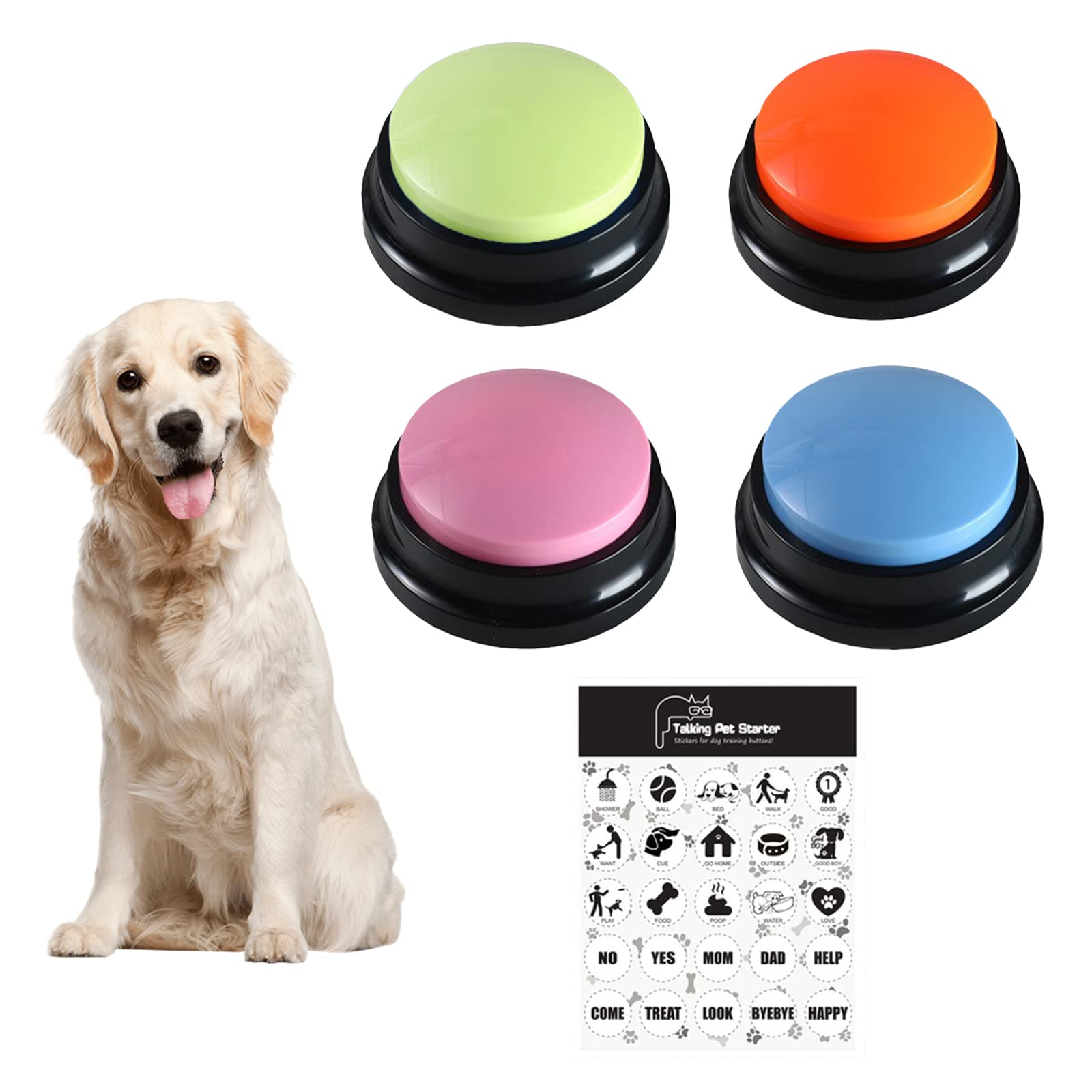 baijiexun 4PCS Dog Buttons Talk Training,Dog Buttons for Communication,Voice Recording Button with 25 Stickers,Recordable Dog Buttons Pet Command Buzzer,Speech Training Buttons for Dog Cat