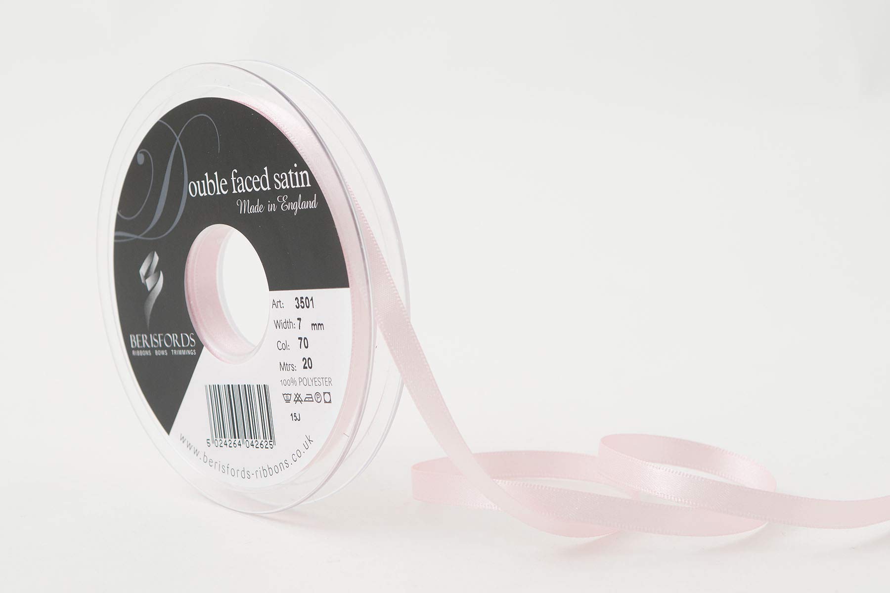 Berisfords Double FACE Poly Satin Ribbon, Pale Pink, 7 mm
