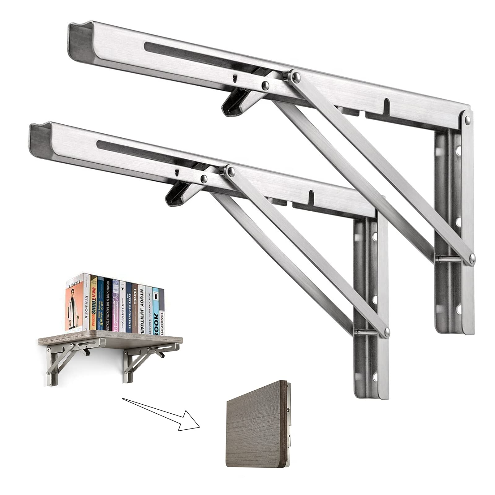 Folding Shelf Brackets 8Inch,2pcs Heavy Duty Stainless Steel Collapsible Shelf Bracket for Bench Table,Folding Brackets Wall Mounted, DIY Triangle Bracket, Space Saving (8in)