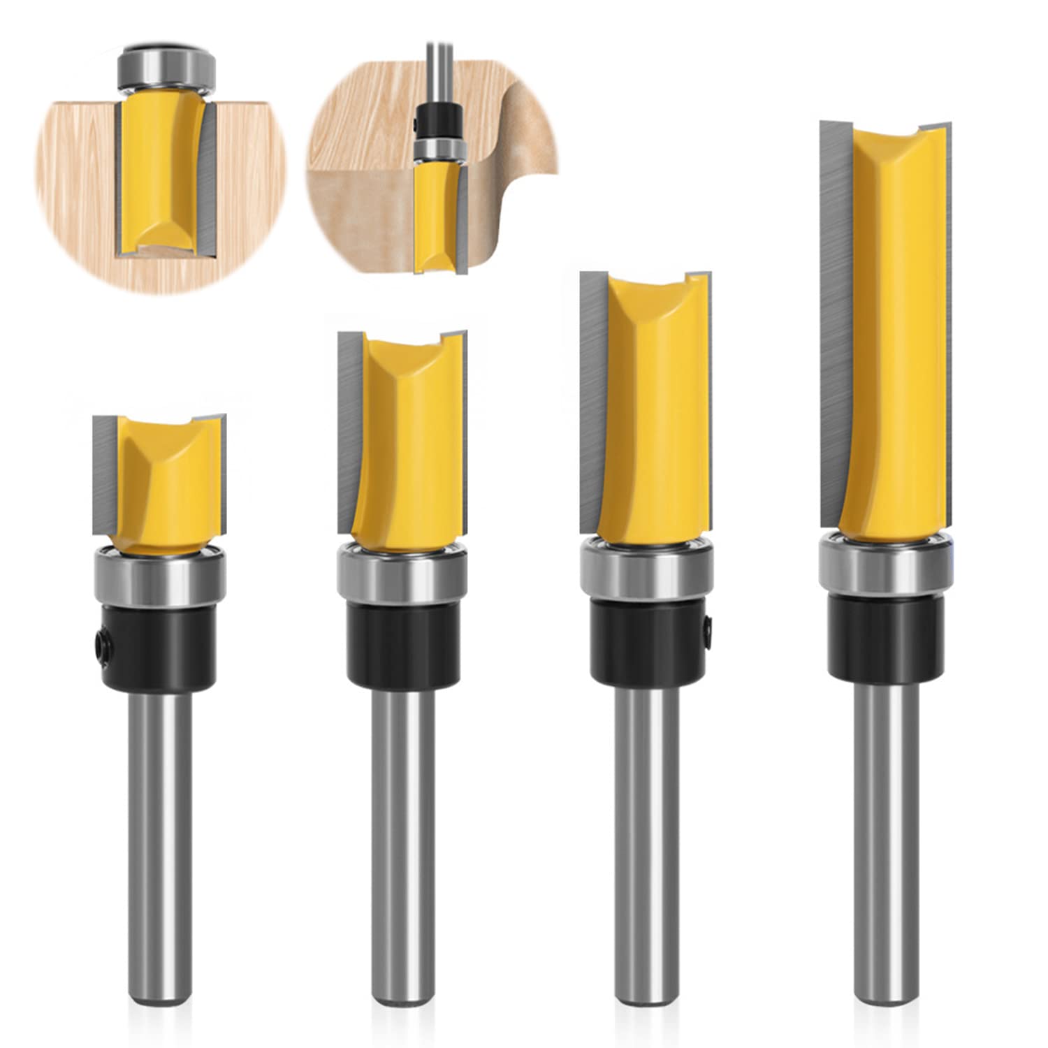 Choonjin 4pcs 8mm Flush Router Bit Set, 8mm Shank with Ball Bearings, Woodworking Tools, Flush Cutter for Wood Cutting
