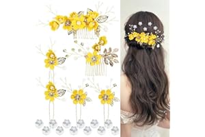 Cinaci 18 Pieces Bridal Wedding Party Prom Pearl Rhinestone Yellow Flower Hair Side Combs Slides+U-shaped Flower Hair Pins+Twist Spiral Hairpins Floral Headpieces for Brides Bridesmaids Women Girls