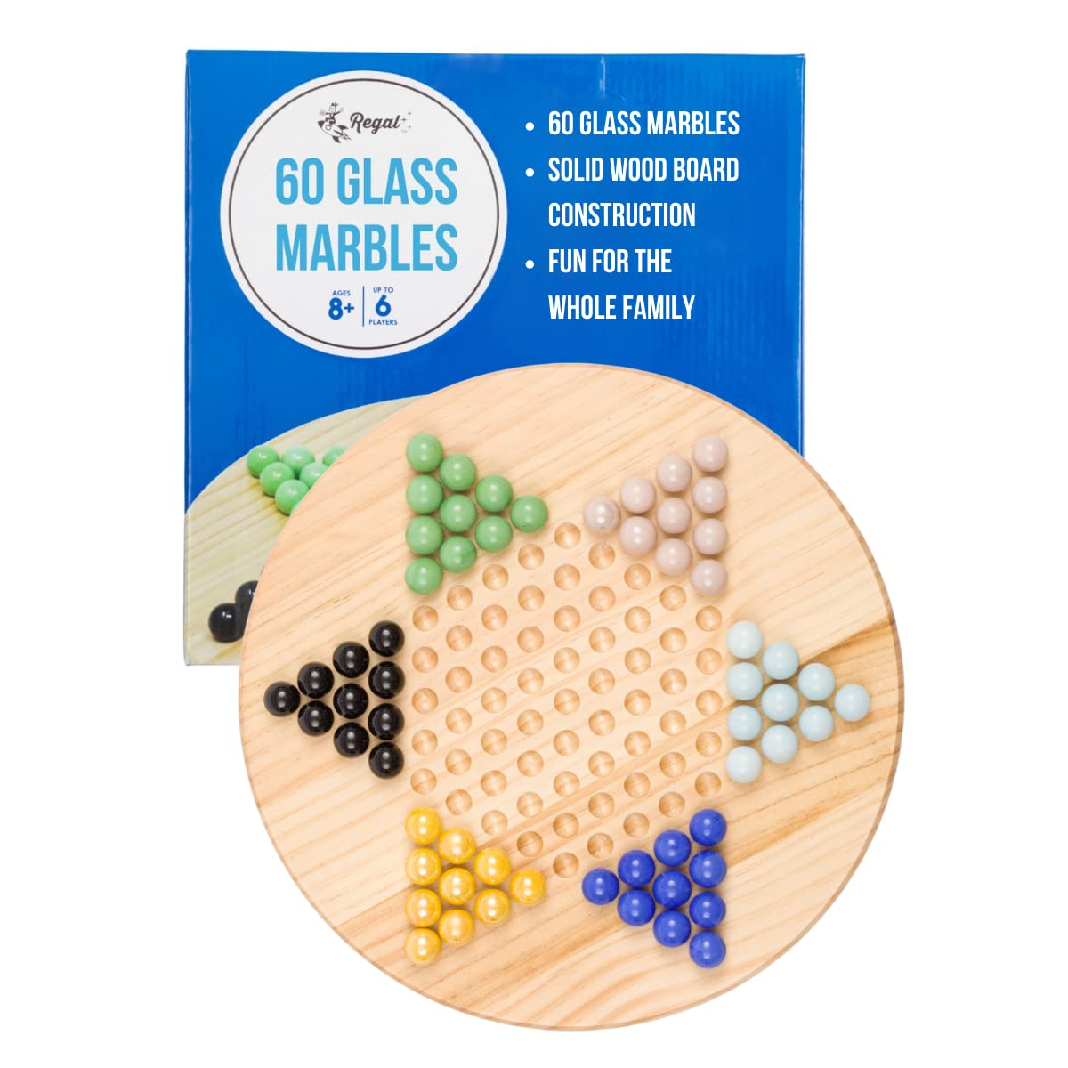 Regal Games Chinese Checkers Board Game with 60 Glass Marbles and 11.5” Board - Wooden Family Fun Game Set