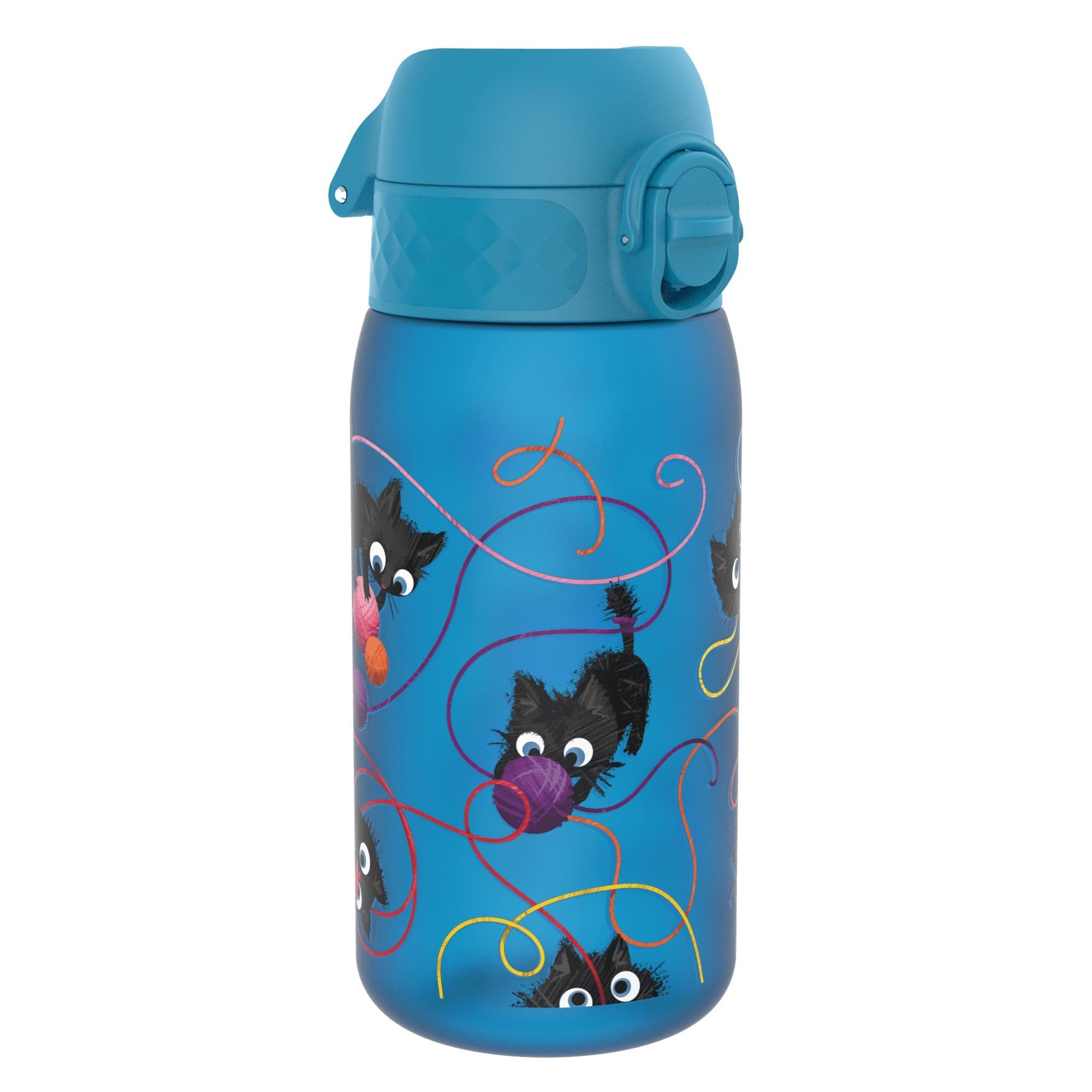 Ion8 Kids Water Bottle, 350 ml/12 oz, Leak Proof, Easy to Open, Secure Lock, Dishwasher Safe, BPA Free, Carry Handle, Hygienic Flip Cover, Easy Clean, Odour Free, Carbon Neutral, Blue, Kittens, Cats