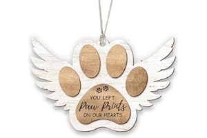 KilyHome Pet Memorial Ornament, White Christmas Decor, Gifts for Loss of Dog, Angel Wings Wooden Ornaments, You Left Paw Prints on Our Hearts, Dog Passing Away Gift, Puppy Heaven