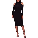 Corala Women's Long Sleeve Cold Shoulder Rib Knit Turtleneck Sweater Bodycon Midi Dress