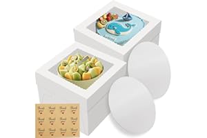 LNDIEHS 2 Pack Cake Boxes, 12x12x8 Inches Tall Cake Box with Cake Boards, White Bakery Boxes with Large Window, Disposable Cakes Transport Containers with Lids, for Cookies, Pies, Wedding, Birthday