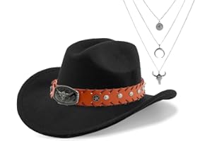 JIANGLAI Western Cowboy Hat for Women Men Classic Fedora Felt Wide Brim Cowgirl Hat with Belt Buckle, Evil Eye Bull Head Necklace