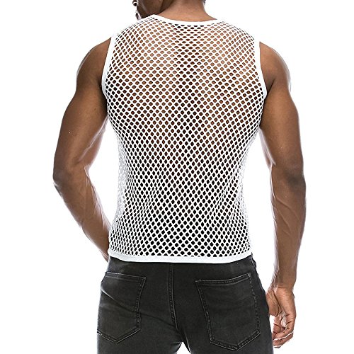 Appoi Men's Vest Underwear Fishnet See Through Muscle Workout Mesh Tees Clubwear Tank Top Vest (White -2, S)