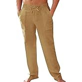 PASLTER Men's Cotton Linen Pants Elastic Waist Drawstring Casual Trouser Lightweight Straight-Legs Loose Beach Yoga Pants