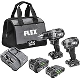 FLEX 24V Brushless Cordless 2-Tool Combo Kit: 1/2-Inch Drill Driver with Turbo Mode and 1/4-Inch Quick Eject Hex Impact Driver with 2.5Ah, 5.0Ah Lithium Batteries and 160W Fast Charger - FXM204-2B